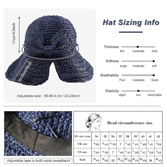 Lightweight Summer cool 100% Raffia Bow Navy Blue Sun Hat Wide Brim Floppy - Picture 4 of 5